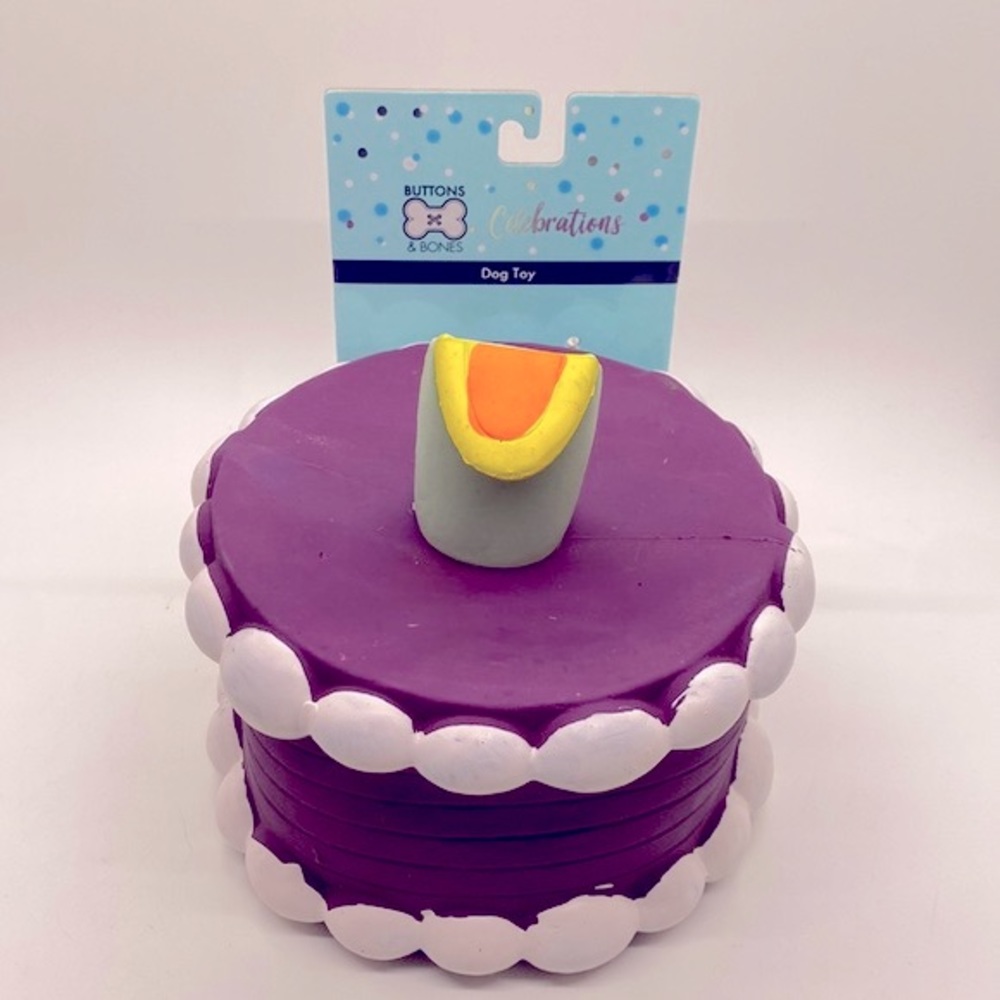 NWT Buttons & Bones Celebrations Dog Birthday Cake Squeak Toy Purple w/C…
